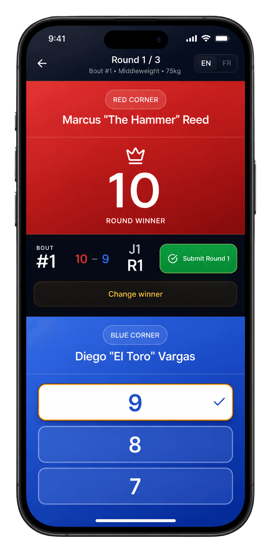 RingScore mobile scoring interface showing a judge entering round scores